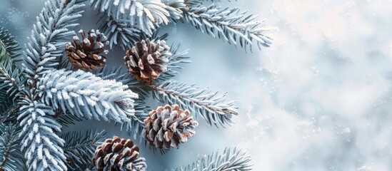 Canvas Print - Top down view of snow covered branch Christmas tree and spruce cones placed elegantly creating a festive scene with copy space image