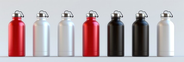 Wall Mural - Water Bottle Isolated. White Black Red Silver Empty Glossy Metal Thermos for Sports