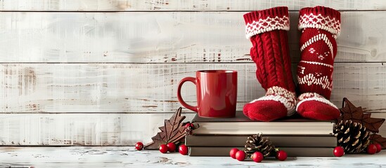 Aufkleber - Festive Christmas display red cup cozy winter socks with holiday design on books set against white wood background with copy space image
