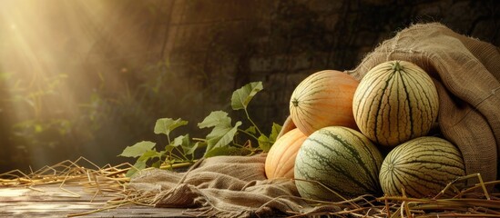 Poster - A range of melons displayed in a rustic sack with a blank area for adding text or images. Creative banner. Copyspace image