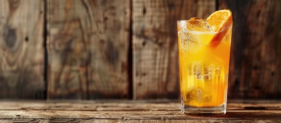 Aufkleber - Refreshing summer cocktail garnished with ice and orange served in a tall glass against a rustic wooden backdrop perfect for a seasonal chilled drink with copy space image