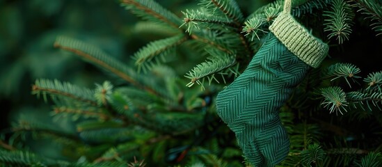 Leinwandbilder - Stocking hung on a fir tree with copy space image