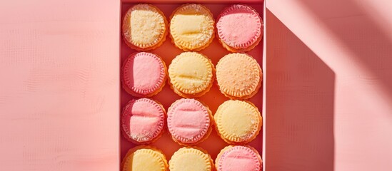 Poster - A row of pastel pink and yellow almond cookies in a gift box captured in a close up top view on a bright background showcasing a vintage style with copy space image