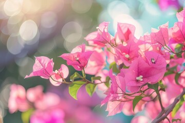 Wall Mural - Pink bougainvillea flowers blooming with blurred background and bokeh, illuminated by the sun on a summer day