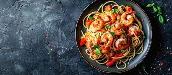 Aufkleber - Top view of a plate of spaghetti shrimp scampi against a dark background with ample copy space image available