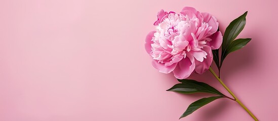 Poster - Pink peony flower on a pink background providing a holiday theme with a top down perspective ideal for incorporating text in the copy space image