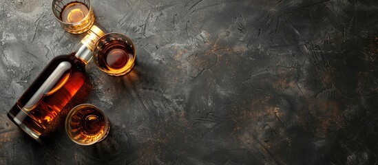 Aufkleber - Top view flat lay of a Scotch whiskey bottle and glasses displayed on a stone table with a reserved area for additional content known as copy space image