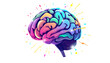 © Stock - concept of a human brain full with creativity, shows multiple colors and action isolated with white highlights, png