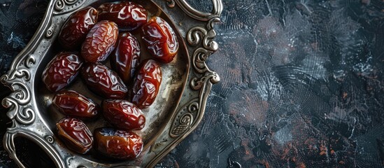 Poster - Top view of dried dates placed on a shiny silver tray with empty space in the image for customization. Creative banner. Copyspace image