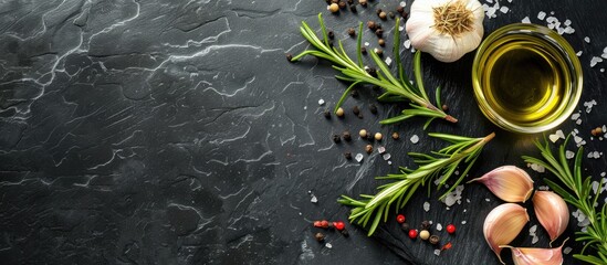 Wall Mural - Top view of rosemary garlic salt pepper and olive oil on black stone with ample copy space image