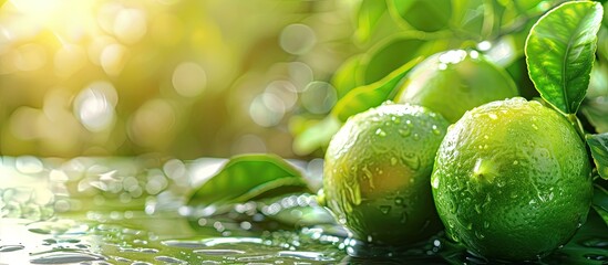Poster - Lush ripe limes displayed on a table with a blank area for text or images in the background. Creative banner. Copyspace image
