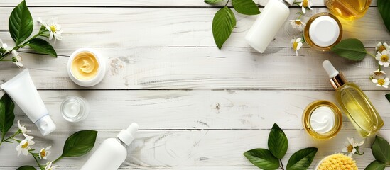 Poster - Skin care products displayed on a white wooden surface with ample copy space image