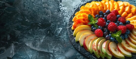 Poster - Hard cheese slices arranged on a board with fruit create an enticing display in the copy space image
