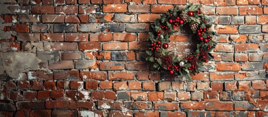 Poster - Rustic brick wall background with a Christmas wreath and copy space image
