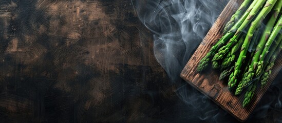 Poster - Top down copy space image presents fresh asparagus steams on a cutting board over a dark wooden background ready for cooking