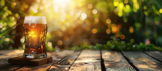 Poster - Focused on a beer placed on a wooden table in a garden setting with a blurred background ideal for a copy space image