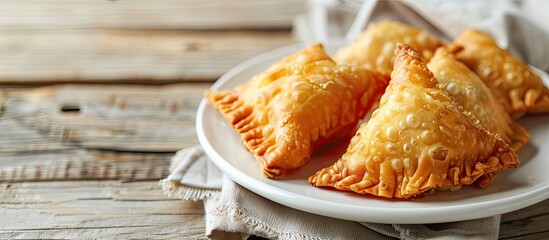 Aufkleber - Ideal for recipes articles catalogs or commercial use a kue pastel or curry puff is displayed on a white plate with ample copy space in the image