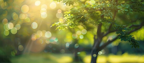Poster - The photograph captures a refreshing warm feeling with green and white circular bokeh around a tree taken in the morning sunlight Ideal for a copy space image