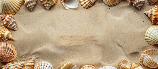 Fototapete - An elegant photo frame adorned with golden sea shells on a sandy background perfect for a copy space image