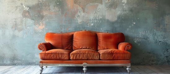 Aufkleber - Retro orange couch set against a weathered wall in a vintage style room with a rustic setting and copy space image available