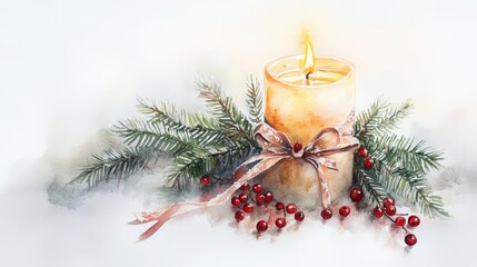 Canvas Print - Burning candle with ribbon surrounded by pine branches and red berries creating festive atmosphere