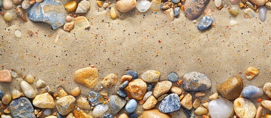 Poster - Top view of sand with small multicolored stones offering a natural and serene appearance in a copy space image