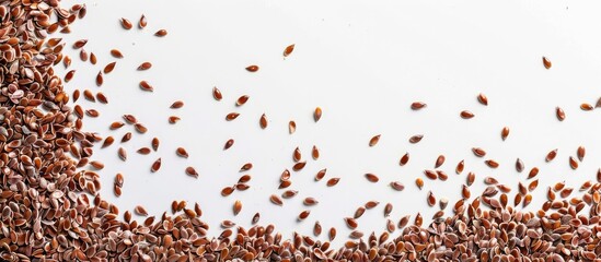 Aufkleber - Flax seeds scattered on the edge of a frame on white backdrop with copy space image