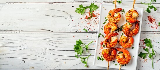 Poster - Grilled shrimp skewers presented on a white wooden background with copy space image for a BBQ seafood dish showcasing prawns marinated with spices and fresh herbs