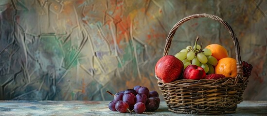 Poster - Selection of fruits in the basket creates a rustic display with copy space image