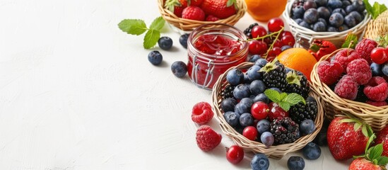 Poster - A vibrant mix of fresh berries in baskets and bowls accompanied by a jar of marmalade ideal for healthy eating with a white copy space image