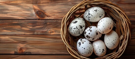 Poster - Eggs from ducks arranged in a basket woven from rattan with copy space image available
