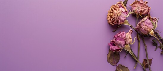 Poster - Top view of a dried rose arrangement on a purple surface with empty space for graphics or text. Creative banner. Copyspace image
