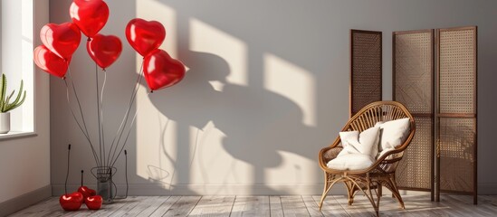 Poster - Valentine s Day decor in a living room featuring a chair folding screen and red balloons with a designated copy space image