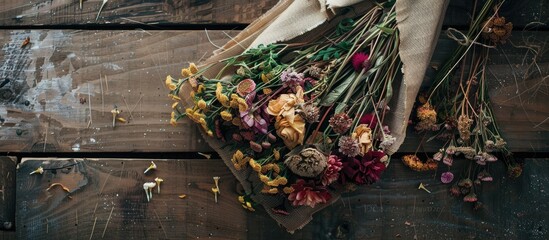Leinwandbilder - Dry flowers arranged beautifully on a napkin against a wooden backdrop with space for adding images. Creative banner. Copyspace image