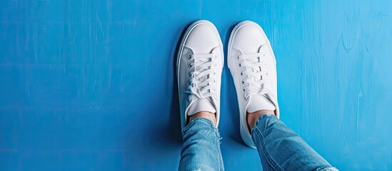 Poster - Top view of white female sneakers and jeans fashion on blue background with copy space image