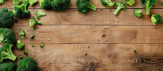 Aufkleber - Top view of organic broccoli florets on a wooden board with copy space image for added text or elements