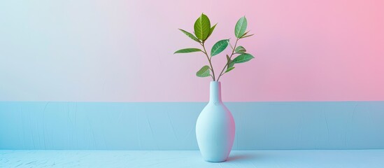 Poster - Spring concept depicted with a gypsum vase displaying fresh leaves sprouting against a pastel pink and blue backdrop perfect for a copy space image