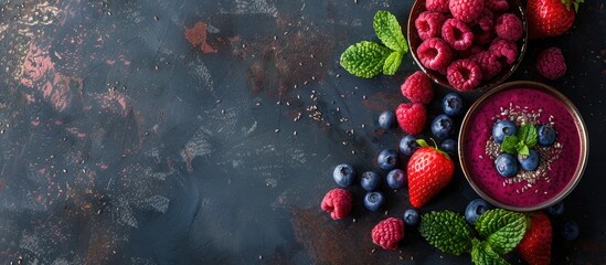 Poster - A healthy lactose free diet featuring an organic berry and vegetable smoothie with oatmeal displayed on a dark background with copy space image