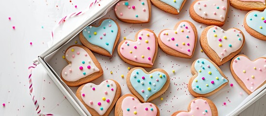 Aufkleber - Heart shaped cookies with colorful decorations arranged in a box on a white backdrop providing ample copy space image