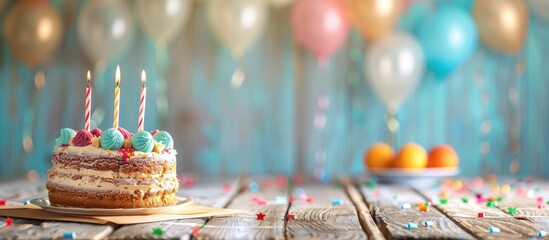 Poster - Wooden table with birthday party copy space image