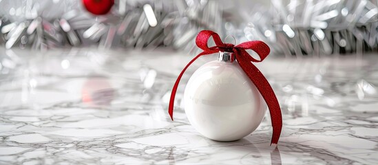 Aufkleber - A modern Christmas concept featuring a white porcelain Christmas ball with a red ribbon on a white marble table with a clean background for copy space image