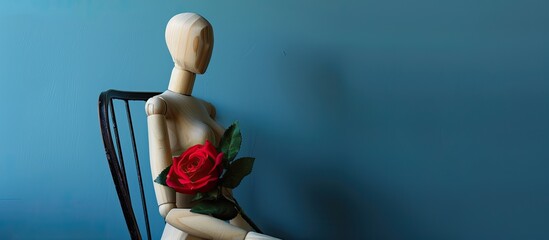 Poster - Wooden mannequin seated on an iron chair gripping a red rose set against a blue backdrop ideal for adding text representing a Valentine s Day theme in an open copy space image