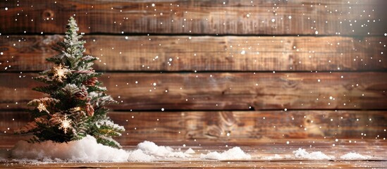 Poster - A wooden background with a festive frame featuring artificial snow creating a cozy winter ambiance wooden Christmas tree adorned with artificial snow perfect for a copy space image