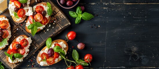 Aufkleber - Vegetarian Italian dish featuring Bruschetta with tomatoes goat white cheese pink grapes blue cheese and basil on a black rustic wooden backdrop viewed from above with copy space image
