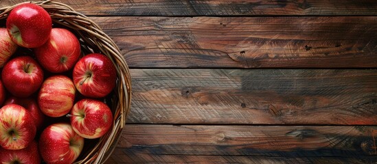 Aufkleber - Wooden background with a basket of apples Illustrating a healthy eating idea with seasonal winter fruits Features copy space image in a top view arrangement