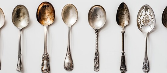 Poster - Vintage spoons displayed in a silverware pattern against a white background in a kitchen themed copy space image captured from a top down perspective