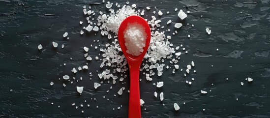 Sticker - A red spoon rests atop spilled salt in the center surrounded by sea salt scattered on the table creating an inviting copy space image