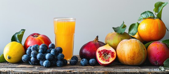 Wall Mural - A tasty quince beverage and fresh fruits displayed on a wooden surface with a white backdrop perfect for showcasing in a copy space image