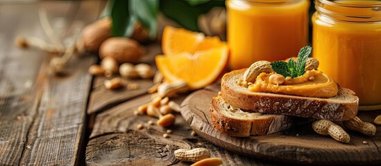 Poster - Homemade peanut butter on toast fresh orange juice on a wooden table in side view with copy space image for breakfast or brunch