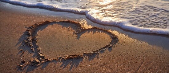 Poster - Heart symbol drawn in the sand on a beach with copy space image